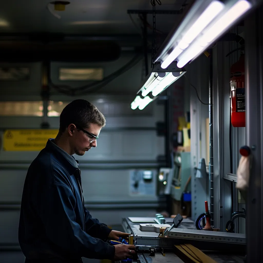Focused technician inspecting garage door components in a well-lit workspace, emphasizing safety and maintenance for reliable garage door operation.