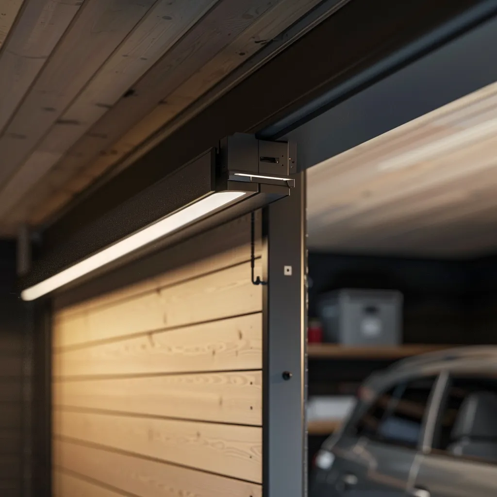 Close-up of a garage door opener mechanism with a light fixture, showcasing the door's track and wooden paneling in a garage setting, emphasizing manual operation during power outages.