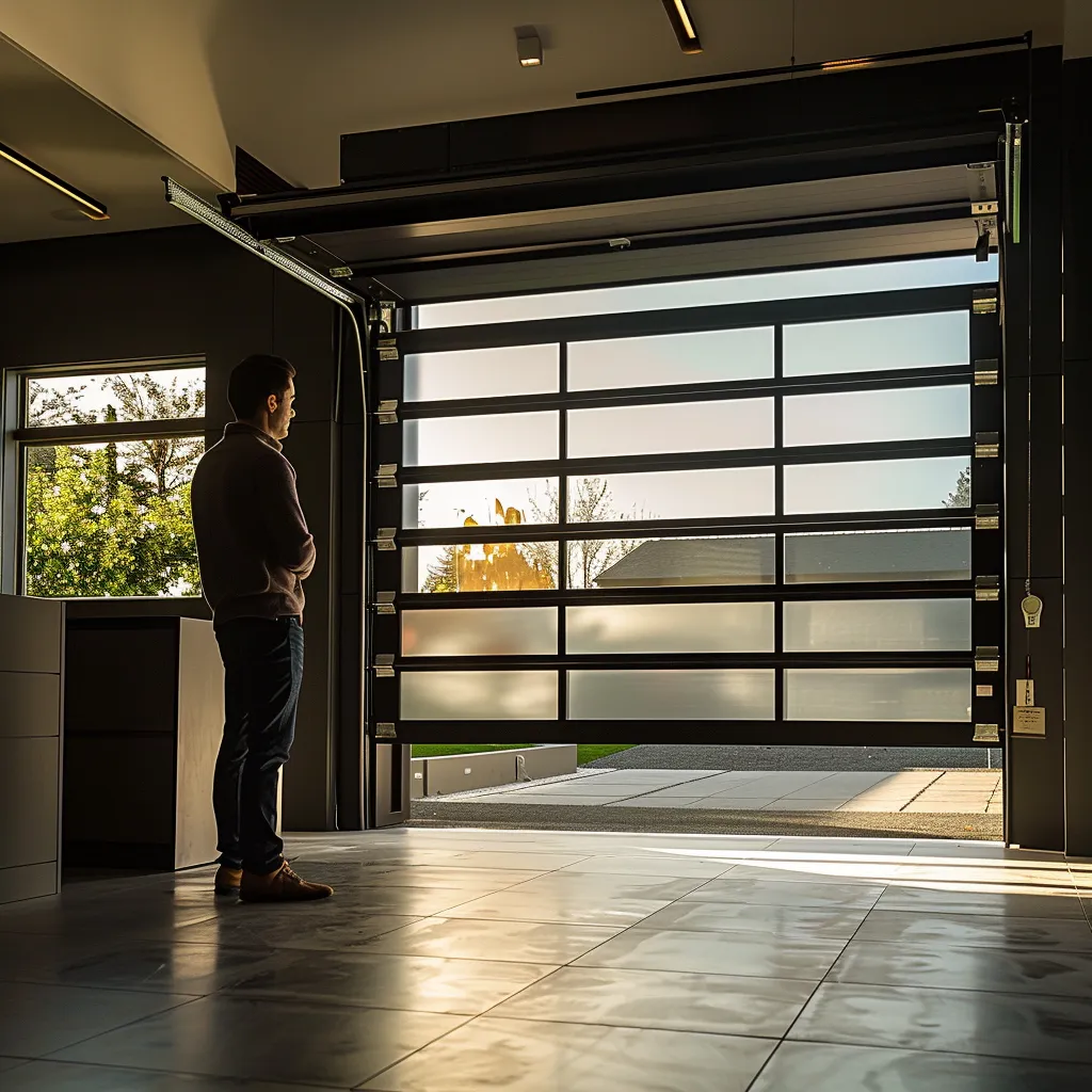Man inspecting a modern garage door in a well-lit garage, emphasizing maintenance and safety for summer functionality.