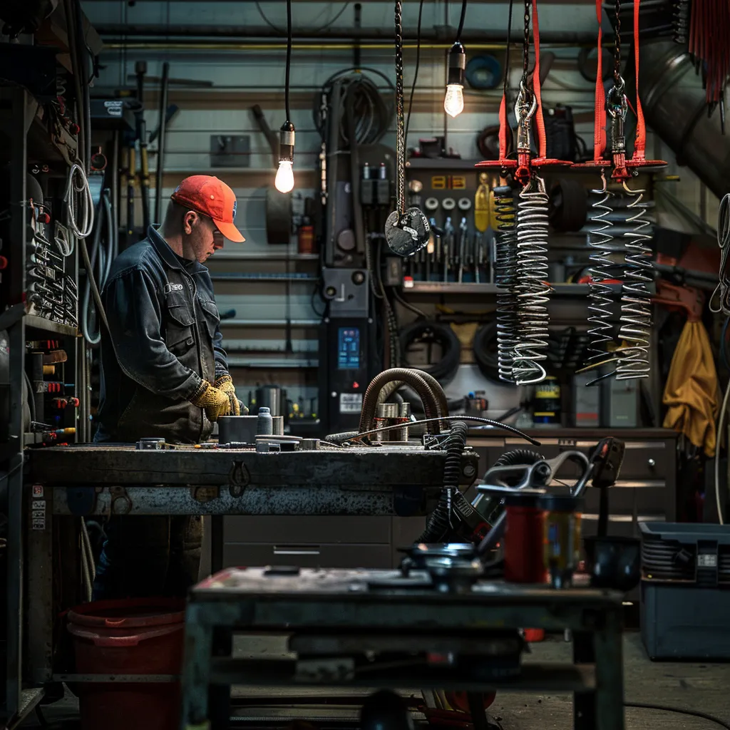 a meticulous technician inspects a pair of robust torsion springs and heavy-duty lift cables in a dimly lit industrial garage, with tools and safety gear arranged methodically on a nearby workbench.