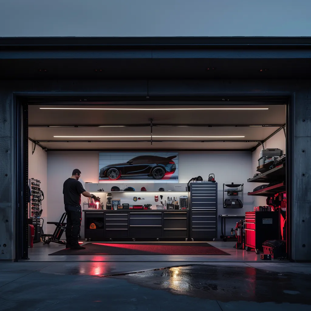 Modern garage space with a man organizing tools, featuring a sleek car mural, illuminated workbench, and various tool storage units, emphasizing garage maintenance and preparation for summer.
