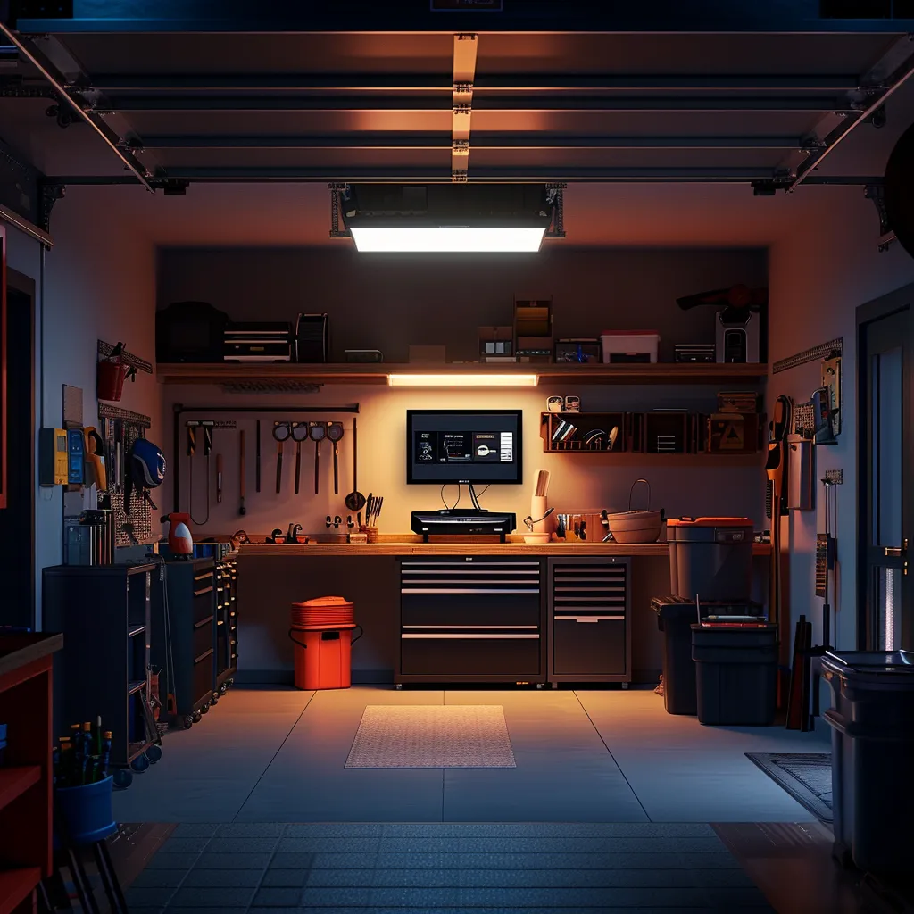 Modern garage interior featuring organized tools, a workbench with a monitor, and secure storage solutions, emphasizing functionality and security for garage door maintenance.