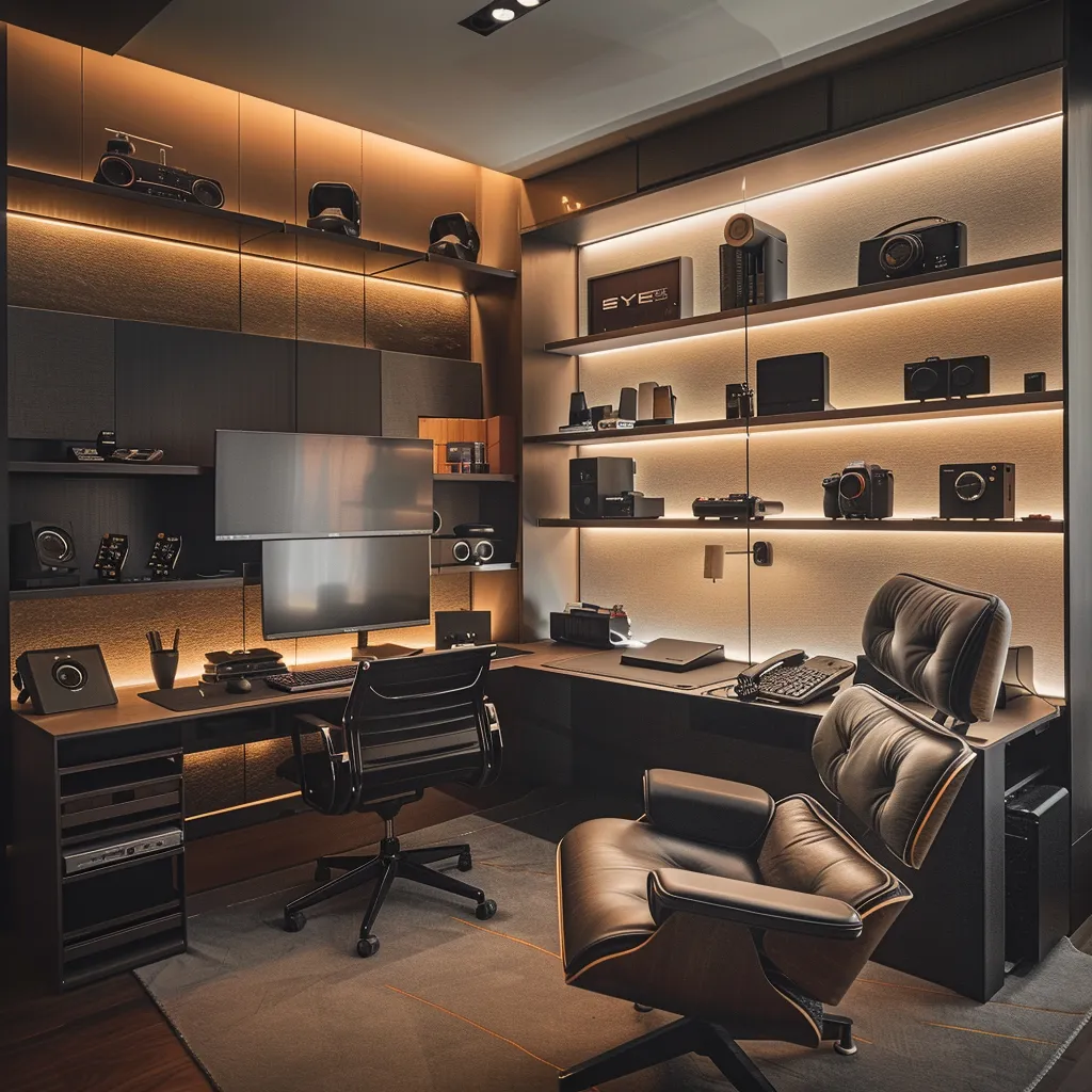 Modern home office with sleek black furniture, dual monitors, and shelves displaying various cameras and audio equipment, emphasizing a tech-savvy workspace.