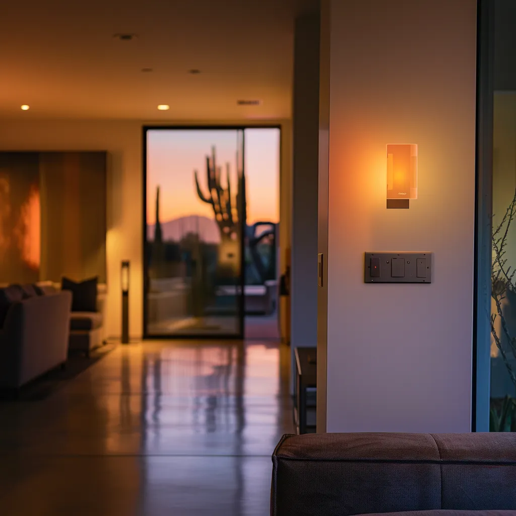 Modern interior with ambient lighting, showcasing a wall light fixture and a view of a desert landscape at sunset, emphasizing home security and comfort in Arizona's climate.