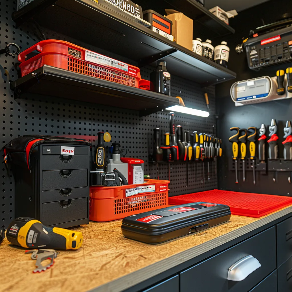 Neatly organized garage workspace with tools, storage bins, and a pegboard, highlighting efficient setup for maintaining garage door opener battery backups in Arizona.