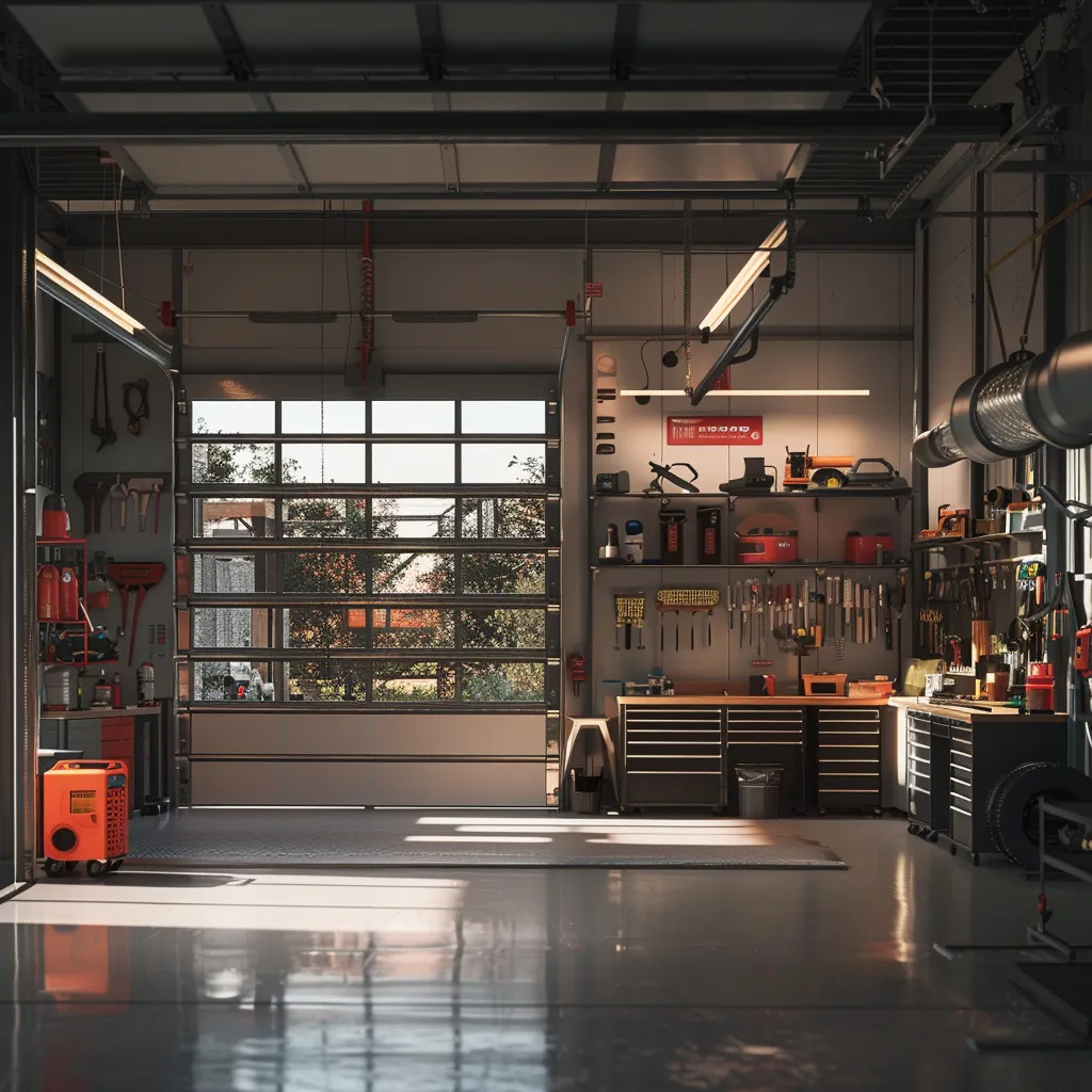 Polished garage interior showcasing organized tools, equipment storage, and an open garage door with natural light illuminating the space, emphasizing the importance of regular garage door maintenance and upkeep.