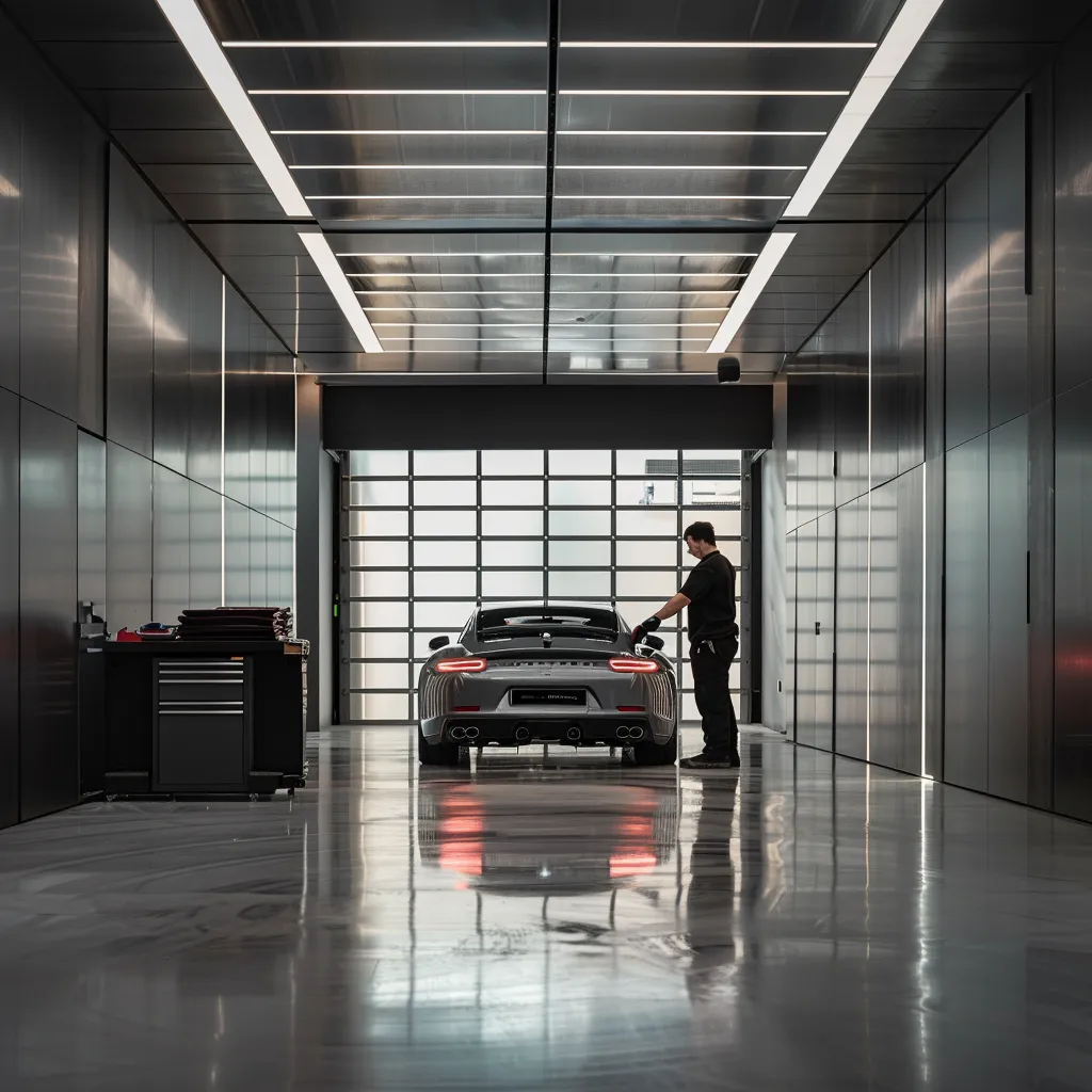 Modern garage interior with technician inspecting a luxury car, emphasizing garage door maintenance and service.