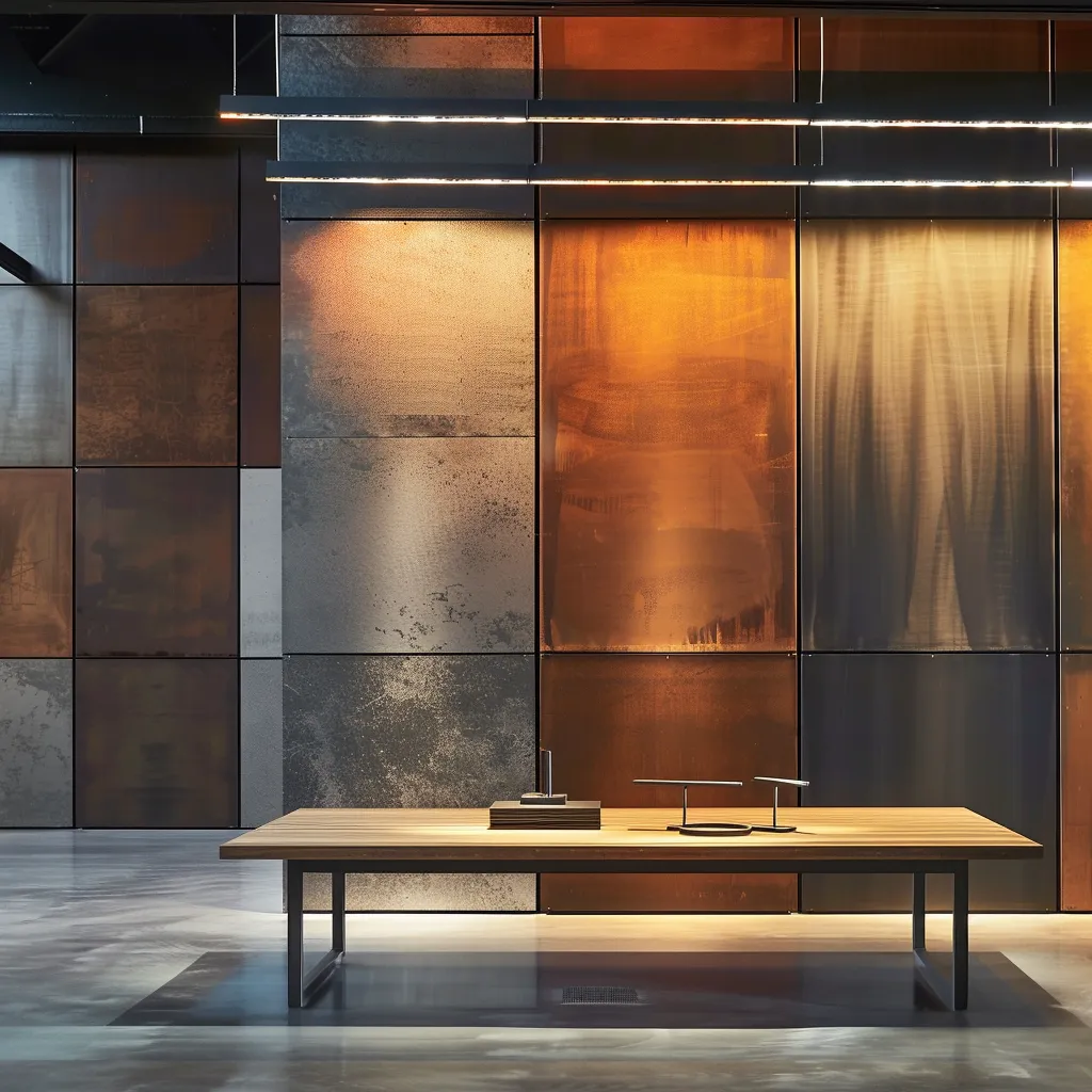 a professional setting featuring a sleek table displaying a side-by-side comparison of steel, wood, and aluminum garage door samples, illuminated by focused overhead lighting that highlights their distinct textures and finishes.
