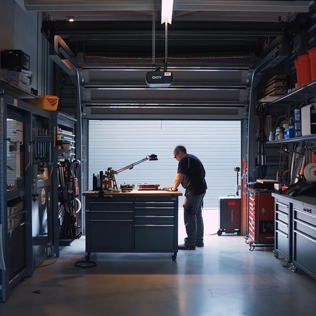 Professional technician working at a garage workshop with tools and equipment, emphasizing garage door maintenance and repair services.
