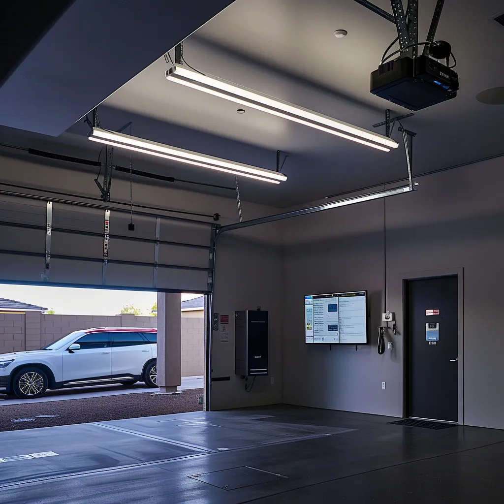 Sleek modern garage interior with overhead lighting, featuring a garage door opener system, wall-mounted control panel, and a vehicle parked outside, illustrating security and accessibility for Arizona homeowners.