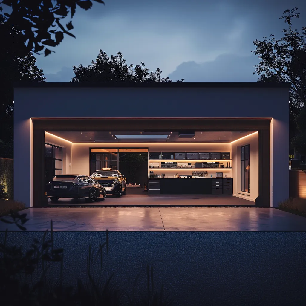 Sleek modern garage with two cars, illuminated interior, and organized storage, highlighting the importance of garage door opener battery backups for home security during power outages in Arizona.