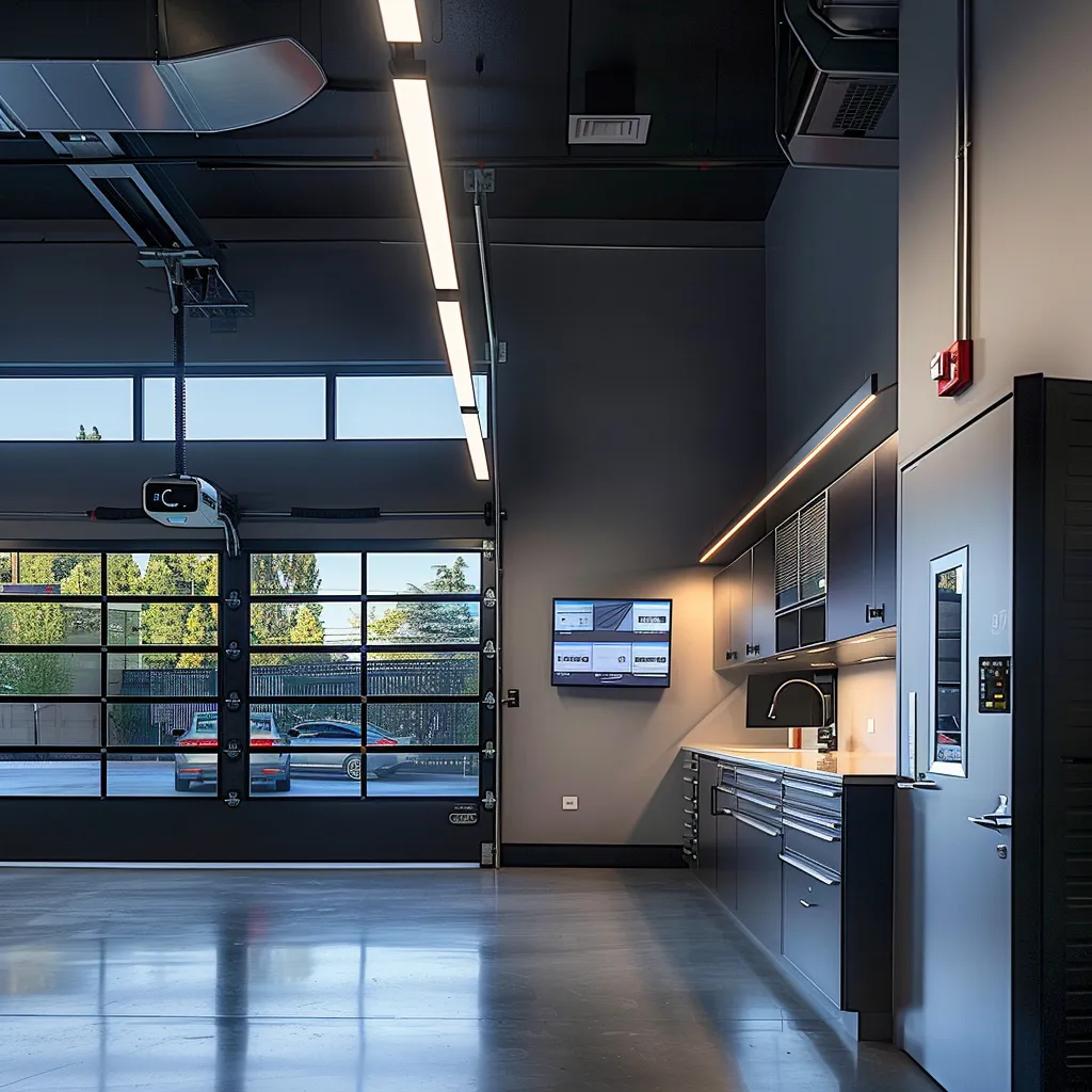 Sleek modern garage interior featuring a large glass door, overhead garage opener, and a wall-mounted control panel, emphasizing the importance of garage door maintenance and functionality.