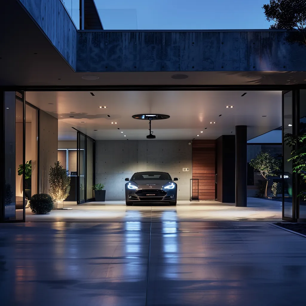 Sleek modern garage interior featuring a car, illuminated by overhead lighting and equipped with a garage door opener, emphasizing the importance of battery backup systems during power outages in Arizona.