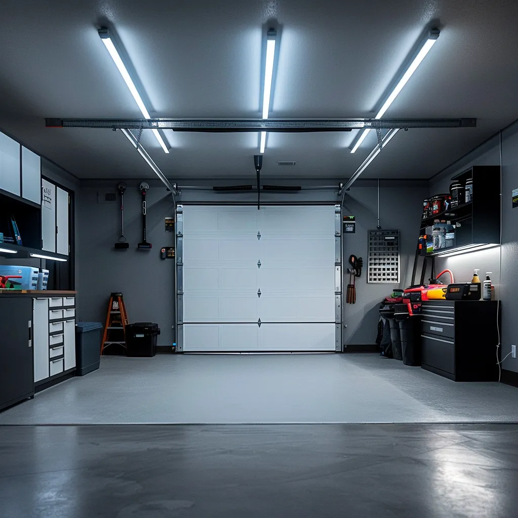 Sleek modern garage interior with white garage door, organized tools, and bright overhead lighting, emphasizing the importance of garage door maintenance and summer prep.