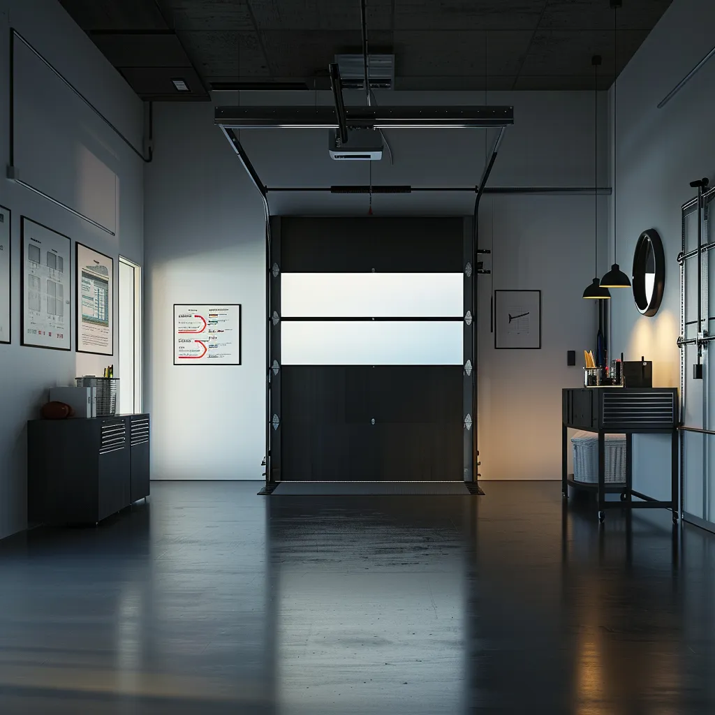 Sleek modern garage interior featuring a contemporary garage door, minimalist decor, and a focus on energy efficiency and insulation design.