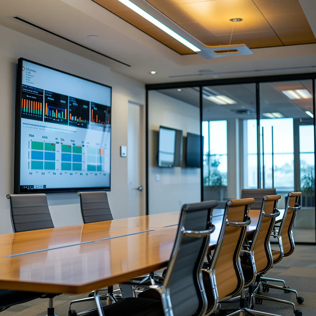 a sleek, modern office with a polished conference table showcases a digital display comparing vibrant infographics of steel, wood, and aluminum costs, emphasizing material analysis and decision-making for garage doors under bright, focused lighting.