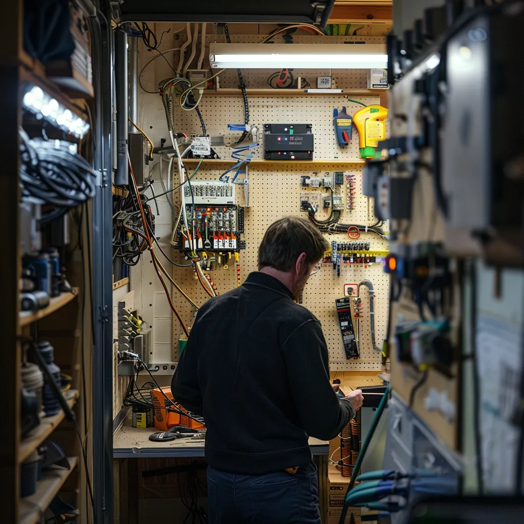 Technician inspecting electrical components and wiring in a garage door service workshop, focusing on troubleshooting and maintenance for optimal door operation.