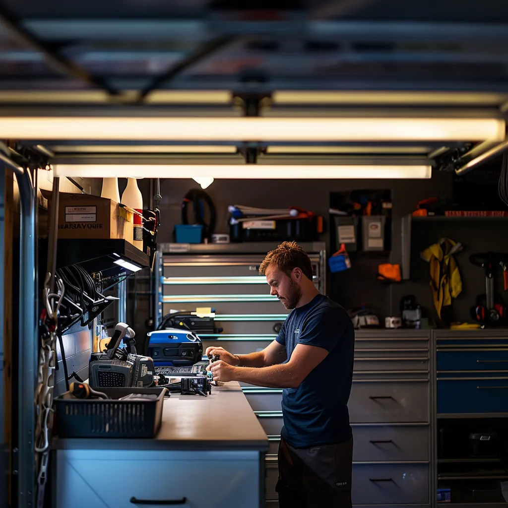 Technician inspecting garage door components on a workbench in a well-organized garage, emphasizing maintenance and troubleshooting for overhead door systems.