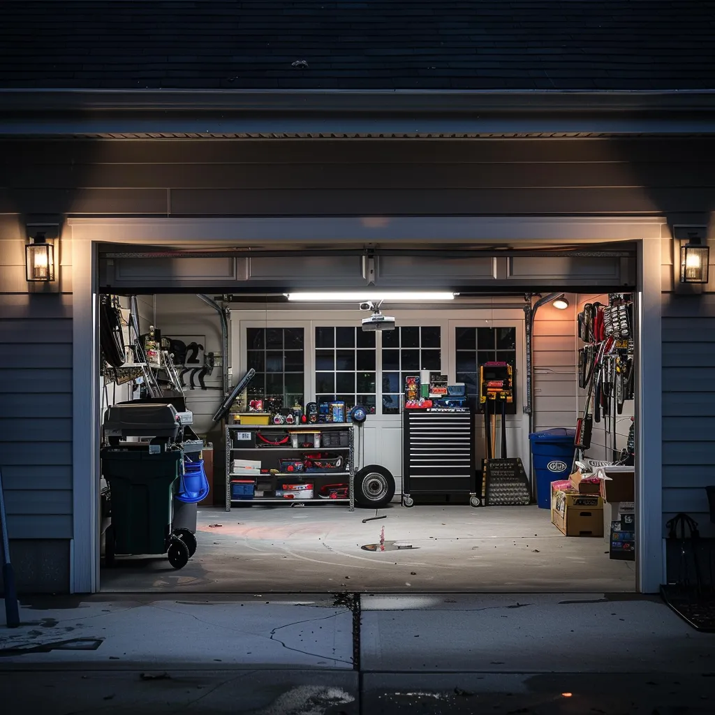 Garage interior illuminated at night, showcasing organized tools, a workbench, and a garage door opener, emphasizing preparedness for power outages and maintenance of garage door systems.