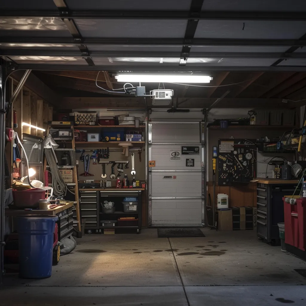 Garage interior with organized tools, shelves, and a garage door, illustrating a well-maintained space for garage door servicing and maintenance.