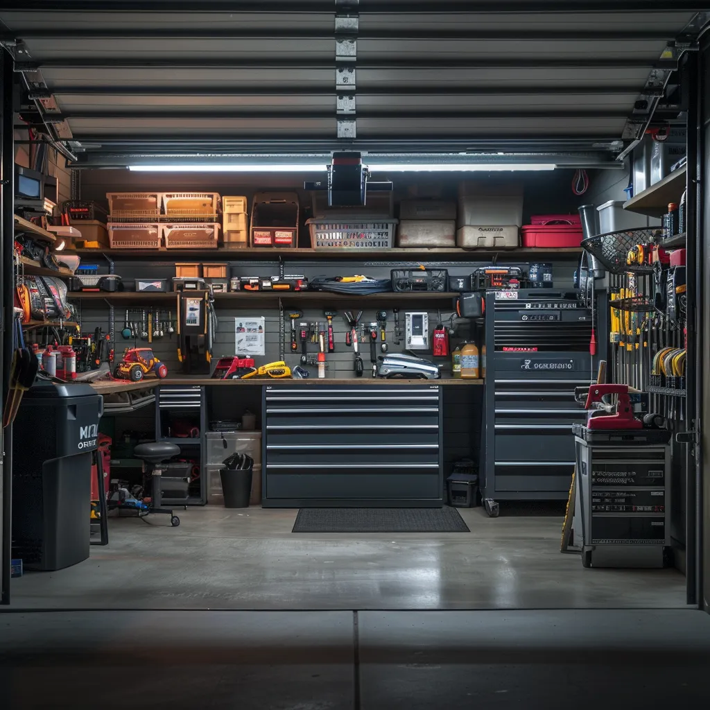 Well-organized garage workspace with tools, storage bins, and equipment, emphasizing maintenance and reliability for garage door upkeep.