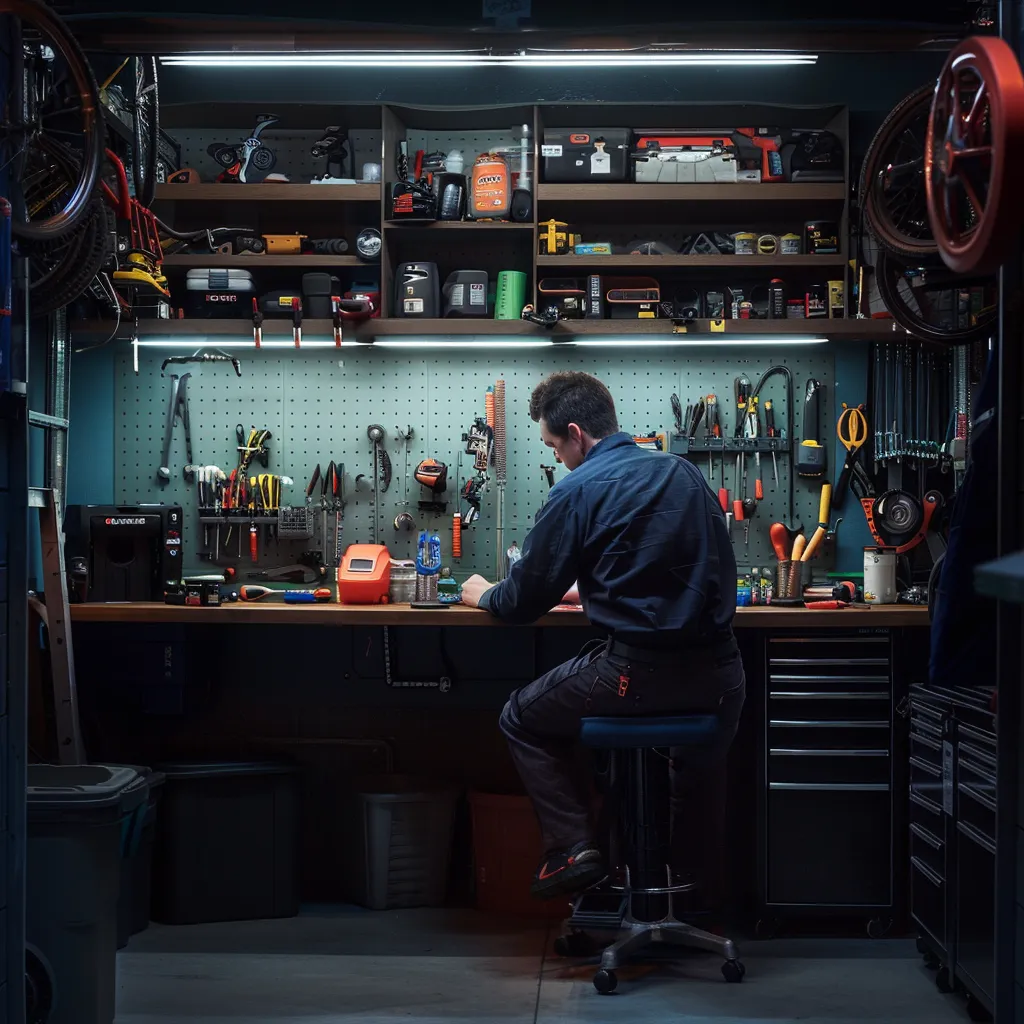 Man working at a well-organized garage workspace, surrounded by tools and equipment, emphasizing DIY repairs and maintenance related to garage door systems.