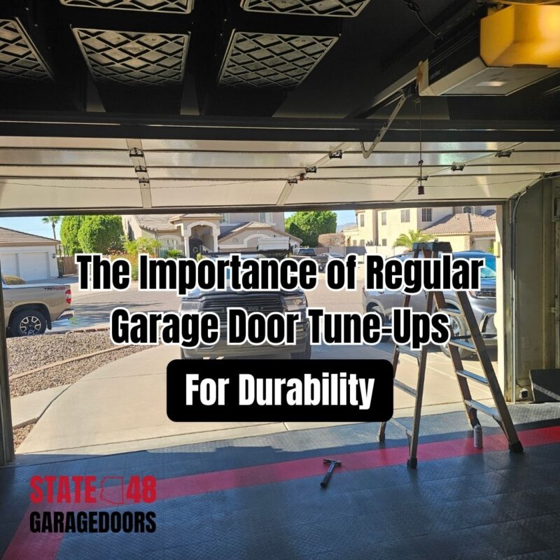 Garage interior showing open garage door with text overlay about the importance of regular garage door tune-ups for durability, featuring a ladder and parked truck outside, representing maintenance and home safety.