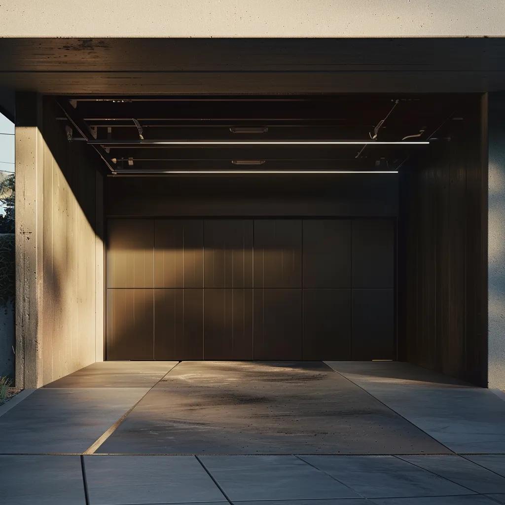 a sharply focused garage door visibly misaligned within a modern suburban garage, highlighting noticeable gaps between the rollers and tracks, under crisp fluorescent lighting that accentuates the door's mechanical malfunction.