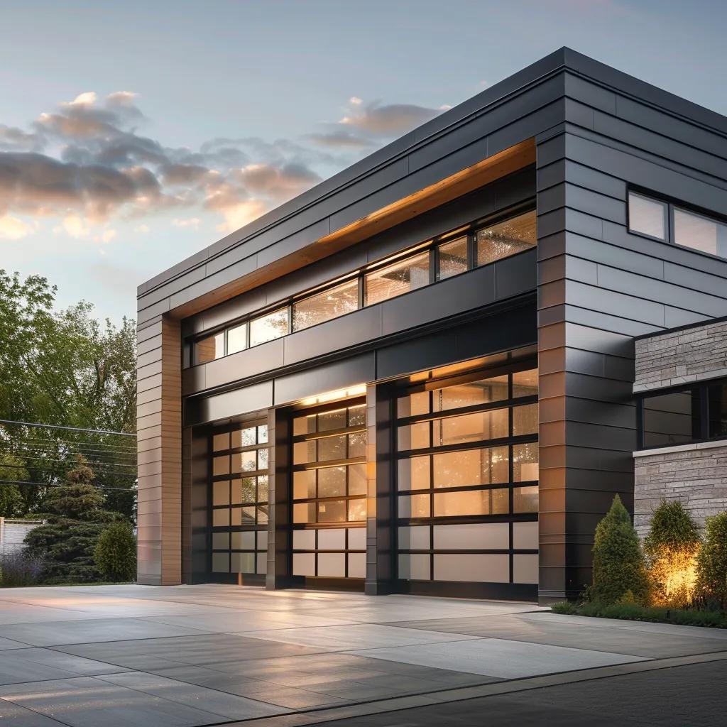 Sleek modern garage door with large glass panels and minimalist design, enhancing home aesthetics and functionality.