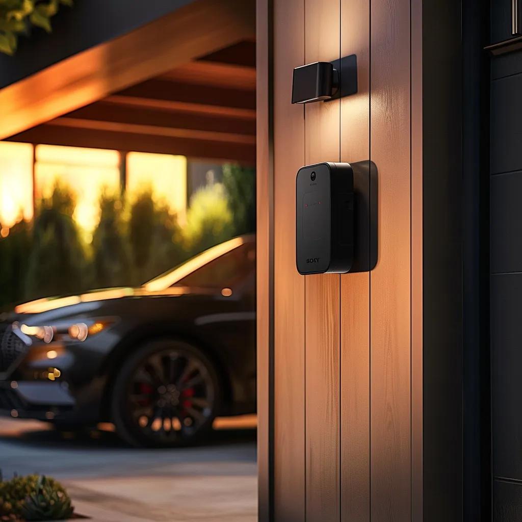 Sleek modern wireless entry keypad mounted on a wooden wall, illuminated by warm light, with a luxury car parked nearby, highlighting advanced security for garage access.