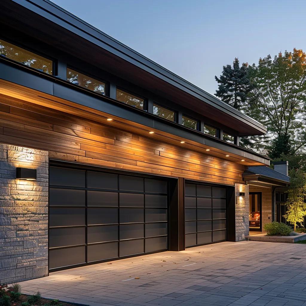 a well-lit, modern garage showcasing a variety of garage door materials, including sleek steel, rustic wood, lightweight aluminum, and innovative composites, positioned against a backdrop of a vibrant urban setting, emphasizing their durability and resilience against harsh conditions.