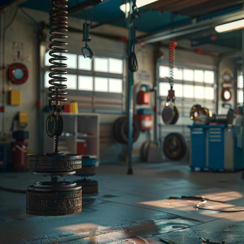 Garage workshop interior featuring a hanging garage door spring, weights, and tools, illustrating equipment for garage door maintenance and repair.