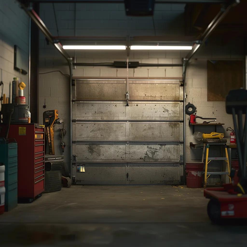 Garage interior featuring a closed, slightly dirty metal garage door, tool storage, and maintenance equipment, emphasizing the importance of regular garage door maintenance and tune-ups.
