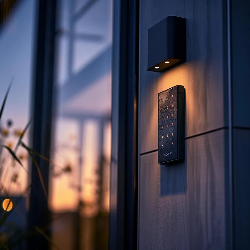 Garage door keypad illuminated at dusk, featuring numeric buttons and integrated lighting, showcasing modern security technology for enhanced home protection.
