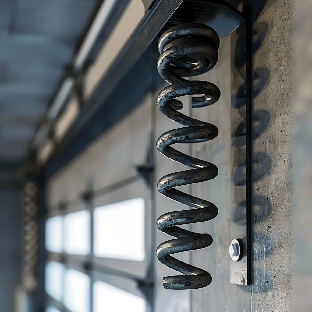 Close-up of a torsion spring mounted above a garage door, showcasing its coiled design and metal shaft, illustrating key components of garage door mechanics.