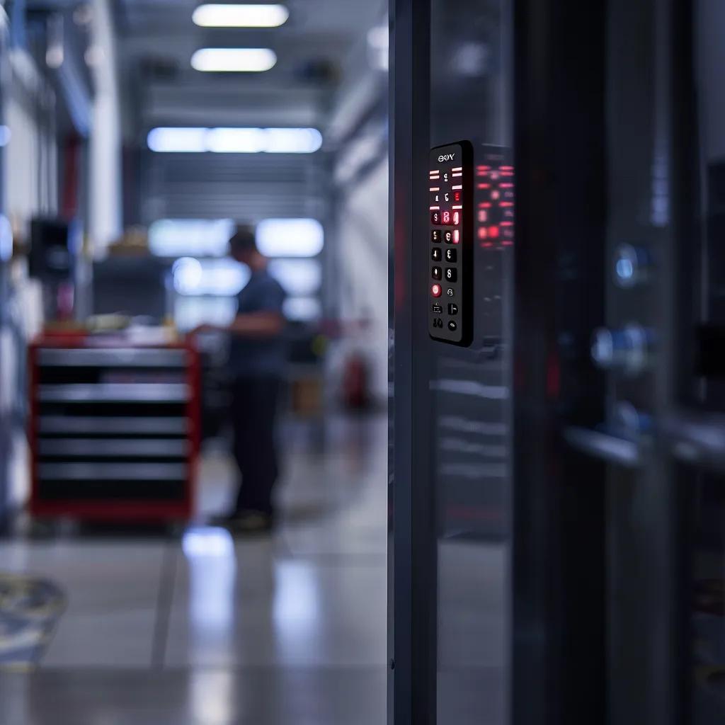 Modern garage door keypad mounted on a wall, illuminated buttons indicating functionality, with a blurred technician in the background, emphasizing installation and maintenance in a garage setting.