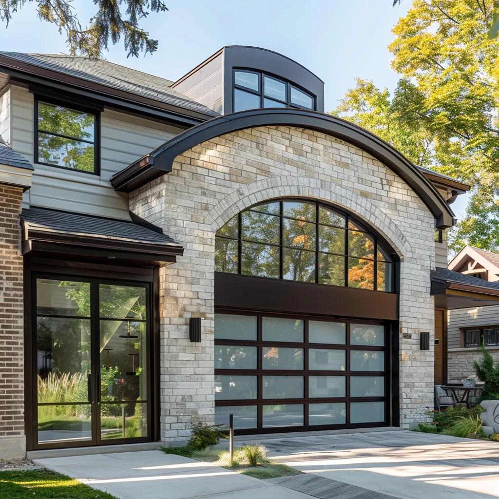Modern garage door with large glass panels and elegant design, complementing the stone facade of a contemporary home, enhancing aesthetics and functionality.