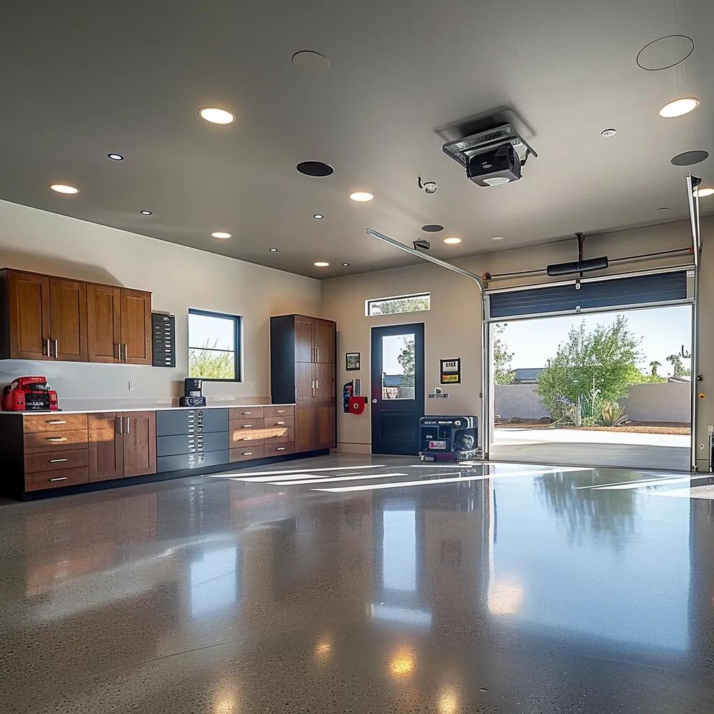 Modern garage interior with polished concrete floor, wooden cabinets, and garage door partially open, showcasing organized space for vehicle maintenance and storage, relevant to garage door tune-up services.