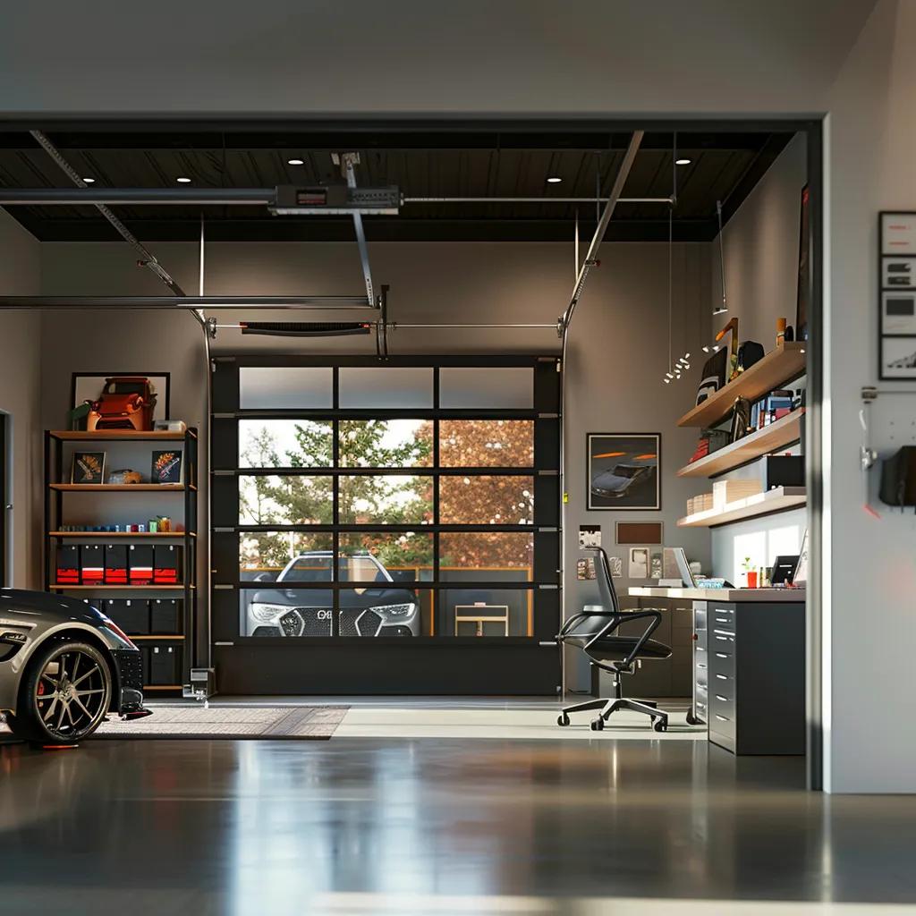 Modern garage interior featuring stylish glass garage door, natural light enhancing workspace, organized shelves, and sleek car, emphasizing garage door windows' benefits for aesthetics and functionality.