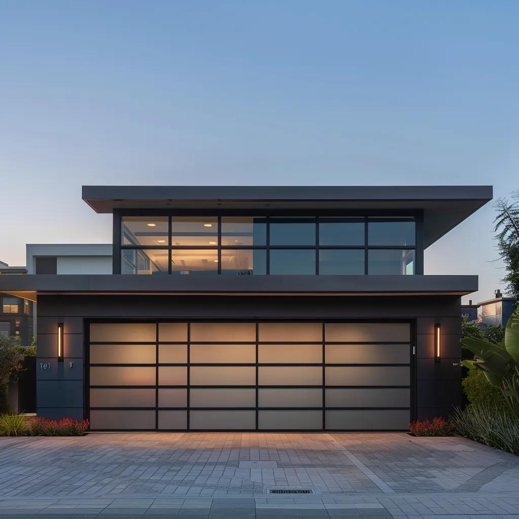 Modern garage door with frosted glass windows, sleek design, and contemporary home exterior, highlighting aesthetics and functionality in garage door selection.