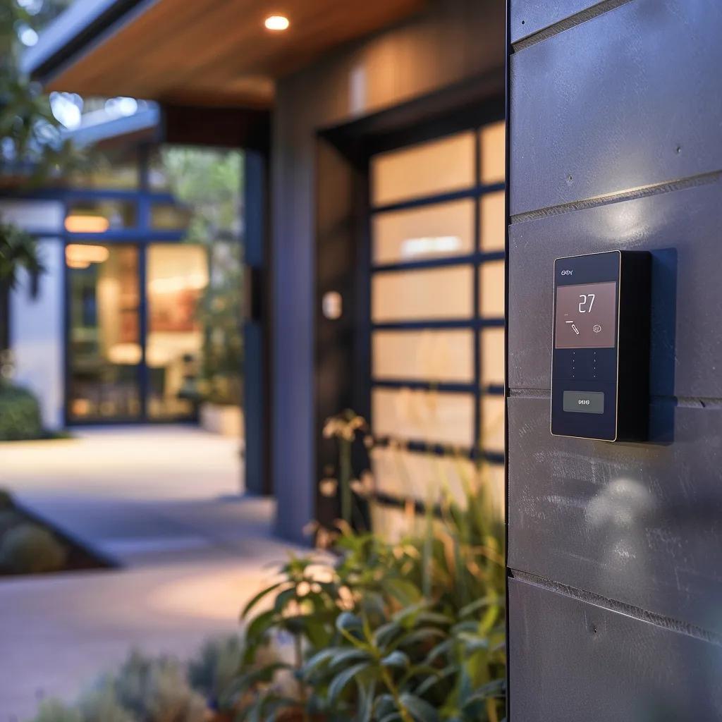Sleek modern garage door keypad mounted on a wall, showcasing a digital interface, surrounded by greenery and a contemporary home entrance, emphasizing keyless entry and enhanced security features.