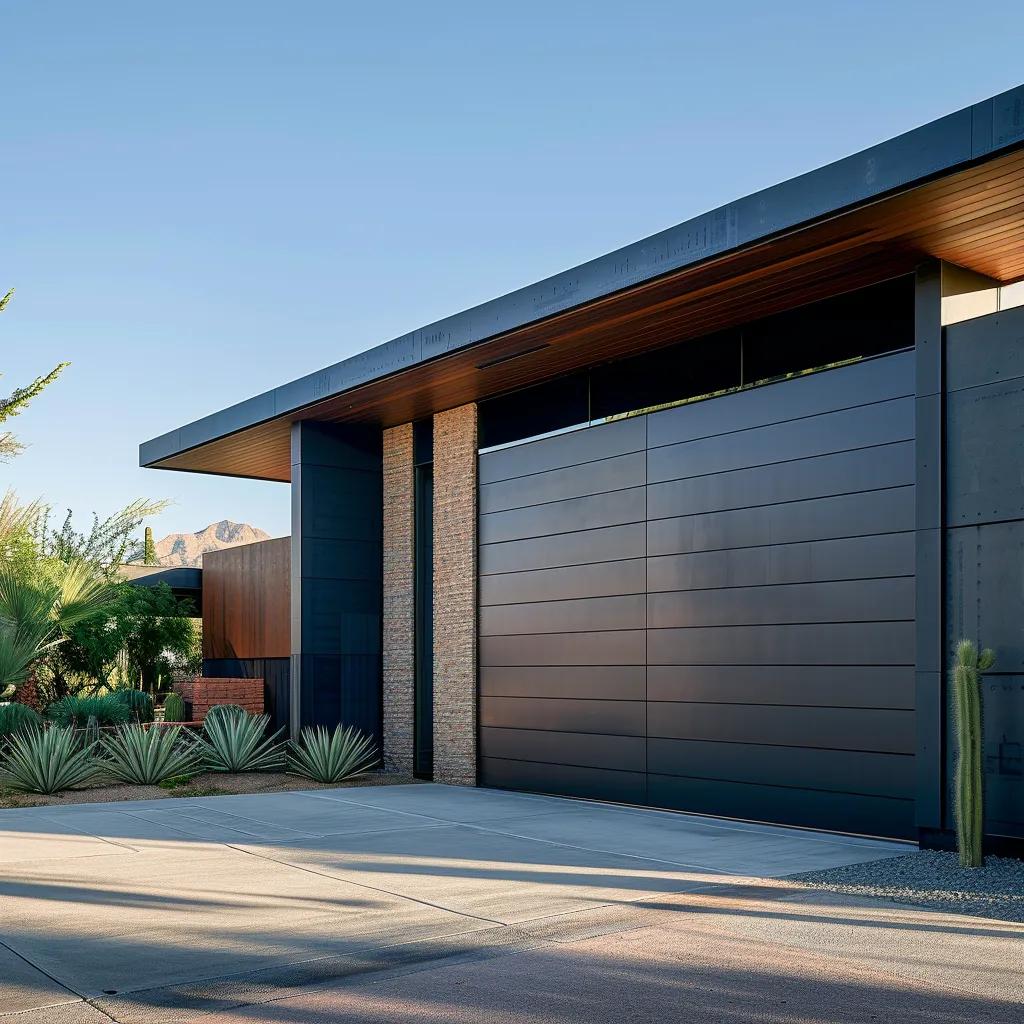 a sleek, modern garage door made of durable, high-quality steel stands prominently in a well-maintained urban driveway, showcasing its resilience against the harsh, sun-drenched backdrop of a phoenix neighborhood.