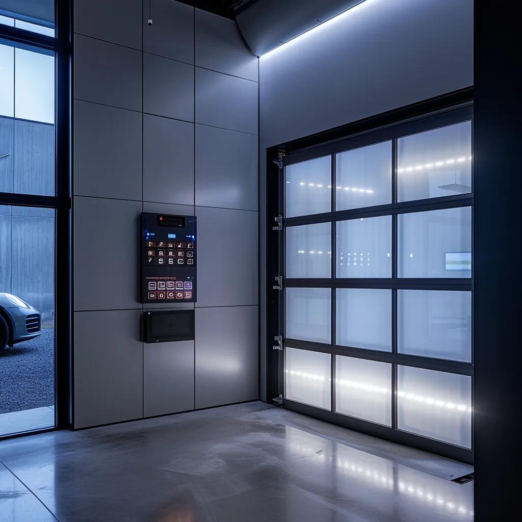 Sleek modern garage interior featuring a wireless keypad for keyless entry and a glass-paneled garage door, emphasizing advanced security and convenience.