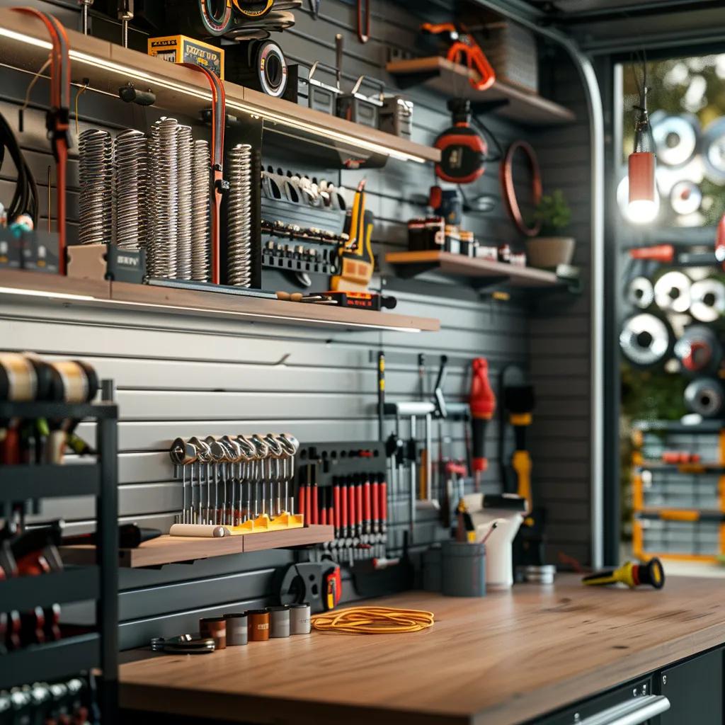 Modern garage workshop interior featuring organized tools, springs for garage door mechanisms, and a clean workspace for installation and maintenance tasks.