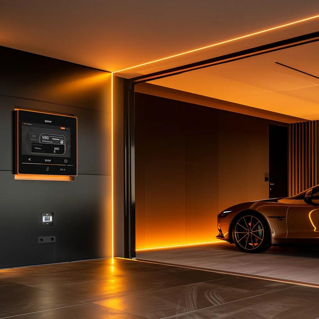 a sleek, modern garage interior features a high-tech smart garage door opener, illuminated by warm ambient lighting, with a digital display showcasing real-time security notifications on a nearby wall-mounted screen.