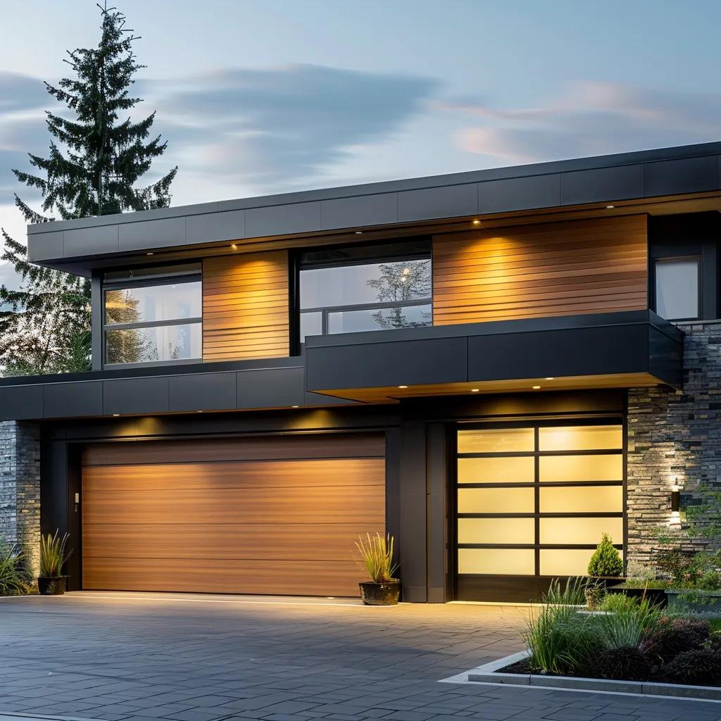 Modern garage door with decorative windows, stylish wooden panels, and sleek design, enhancing curb appeal and functionality for residential spaces.