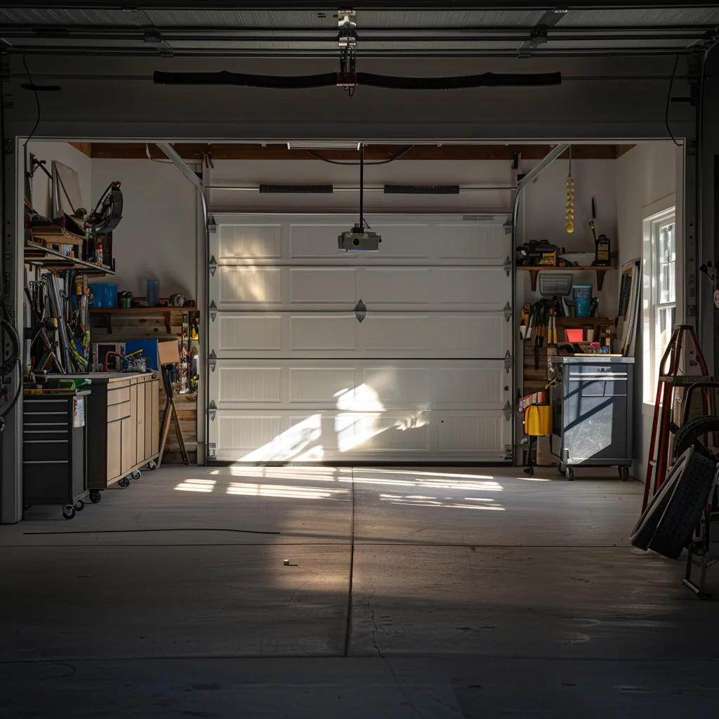 a well-lit garage setting features a meticulously prepared garage door, showcasing a smooth, sanded surface free of old paint and imperfections, with painting tools neatly arranged nearby, emphasizing the importance of thorough surface preparation before painting.