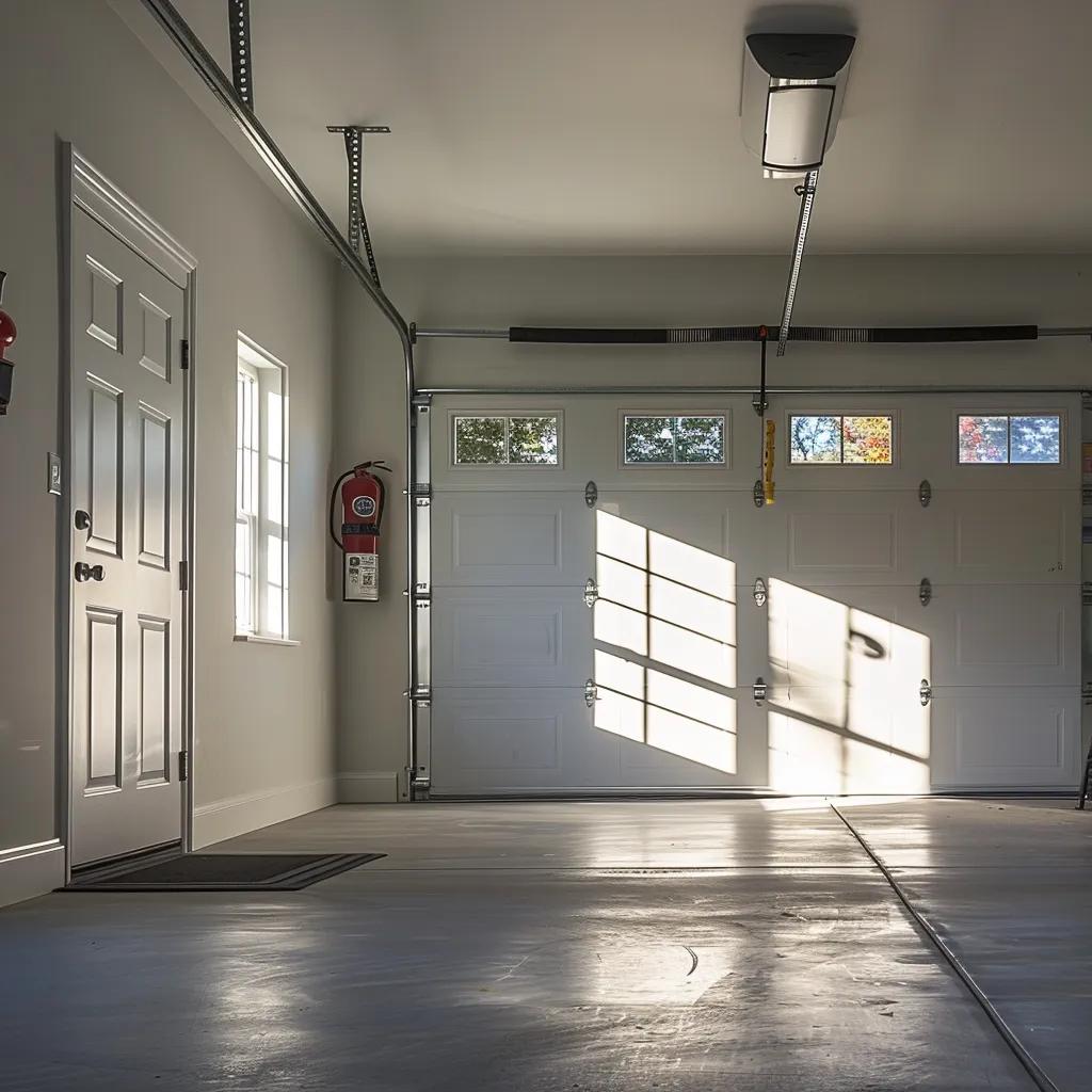 Interior of a garage featuring a closed white garage door with windows, a fire extinguisher mounted on the wall, and sunlight casting shadows on the floor, emphasizing the importance of regular garage door maintenance for safety and security.