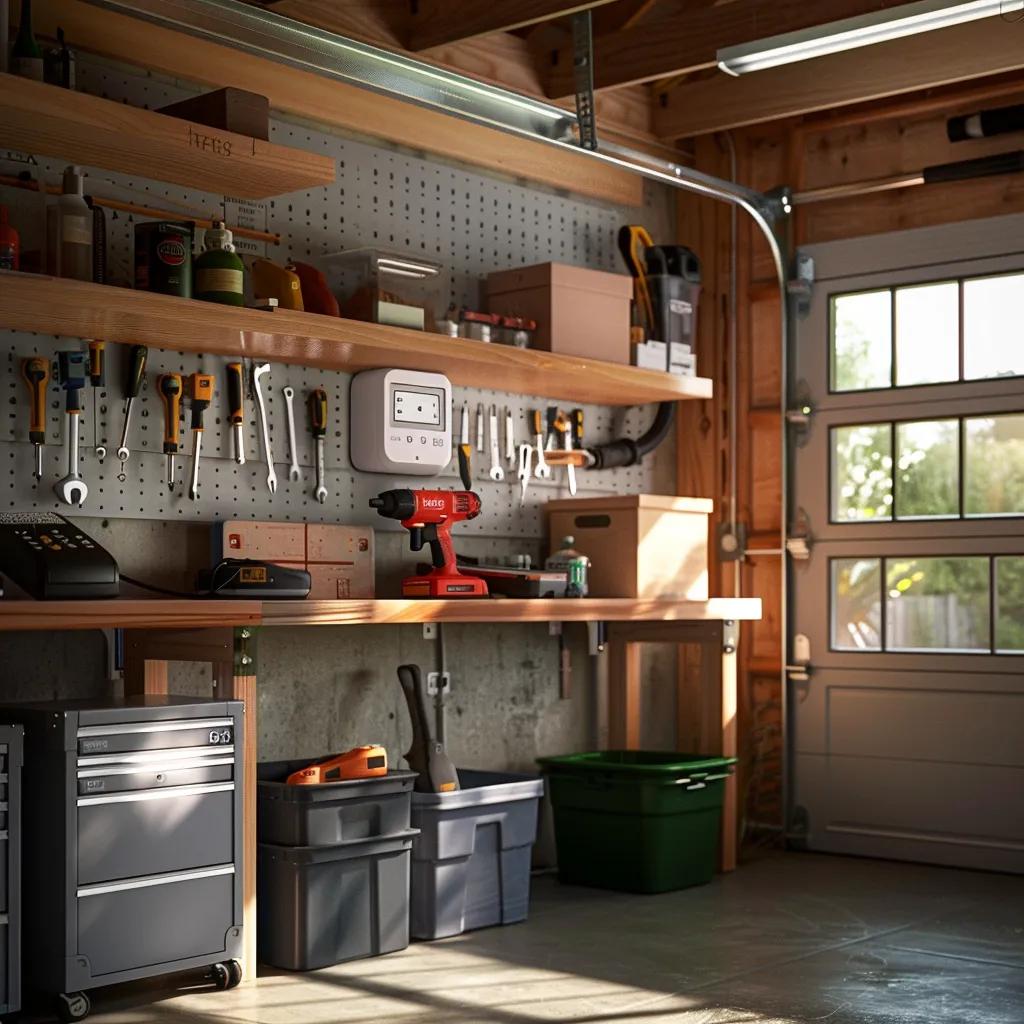 Garage workshop interior with tools on pegboard, wireless garage door keypad on wall, organized shelves, and storage bins.