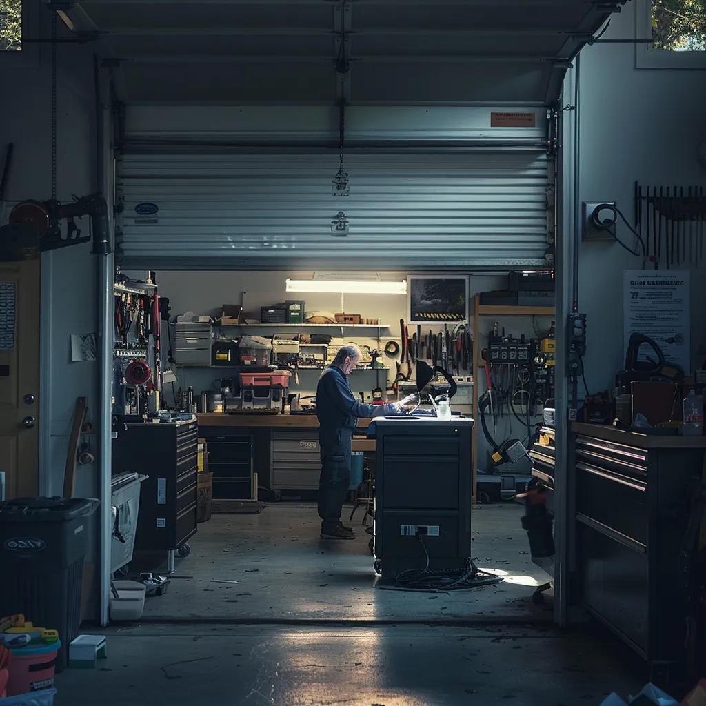 Garage workshop with technician inspecting tools and equipment, emphasizing garage door maintenance and repair services.